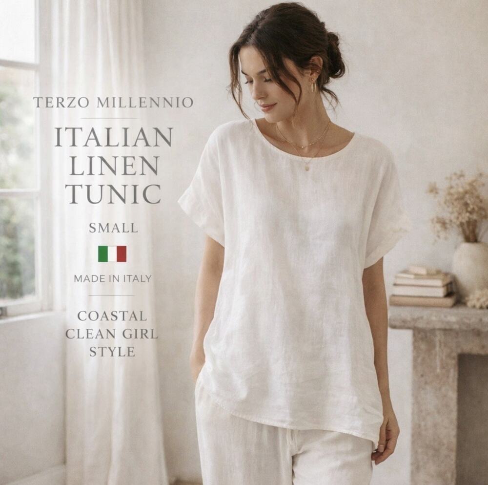 Made in Italy Linen Tunic Top Sm White Minimalist Coastal Lagenlook Button Back
